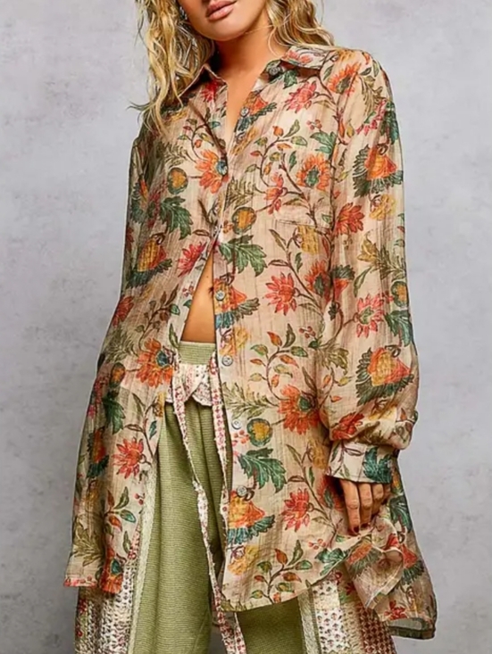 POL Tops - NS80.POL Bohemian Oversized Floral Button-Down Sheer Tunic
